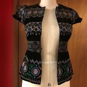 Nanette Lepore Brown Velvet Embroidered Jacket Frog Fastened at Waist sz 2